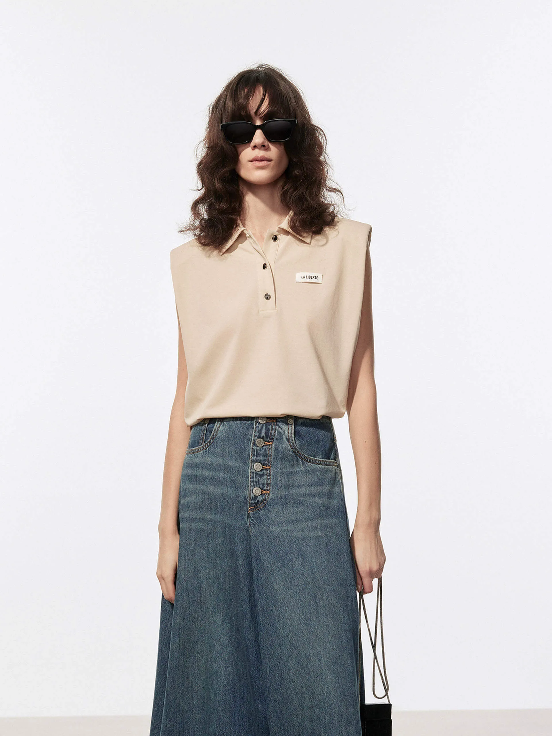 Fashionable Pick Subtle pattern Polo Collar Cotton Top