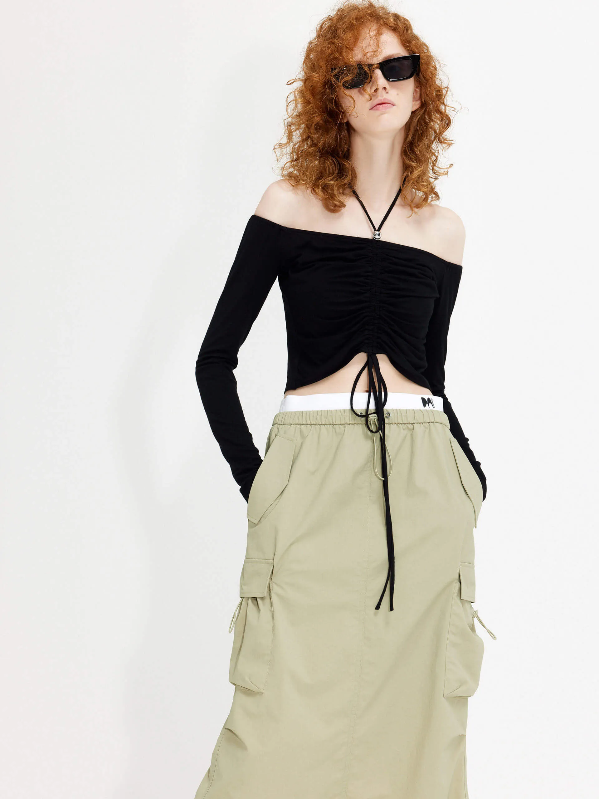 Non Restrictive Armhole Pleated Halterneck Top