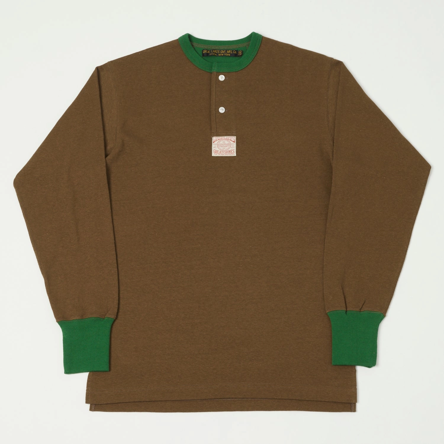 Organic Cotton Freewheelers & Co Great Lakes Long Sleeve Henley - Brown/Tar Green