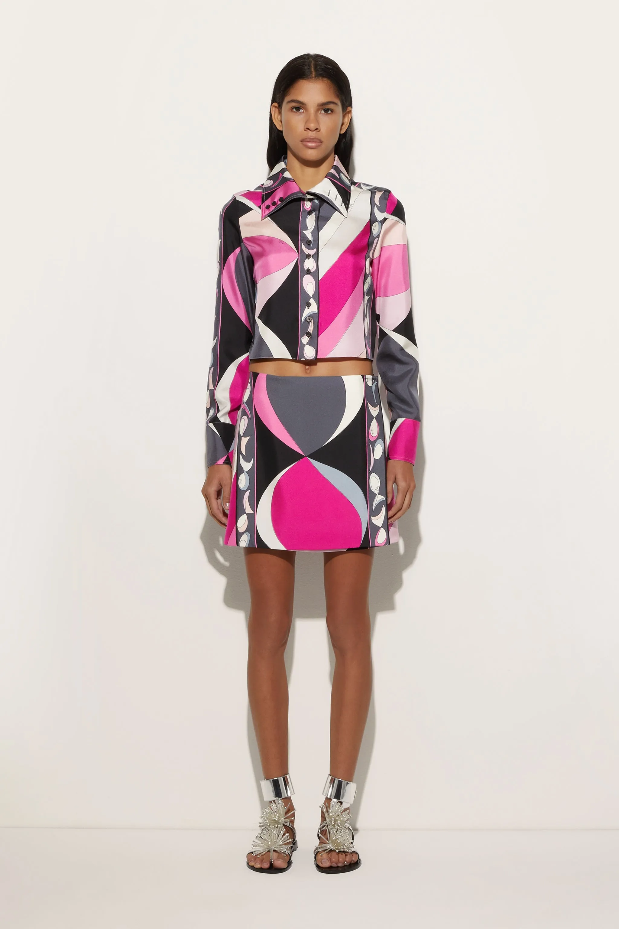 shopping spree Pesci Print Cropped Silk Shirt