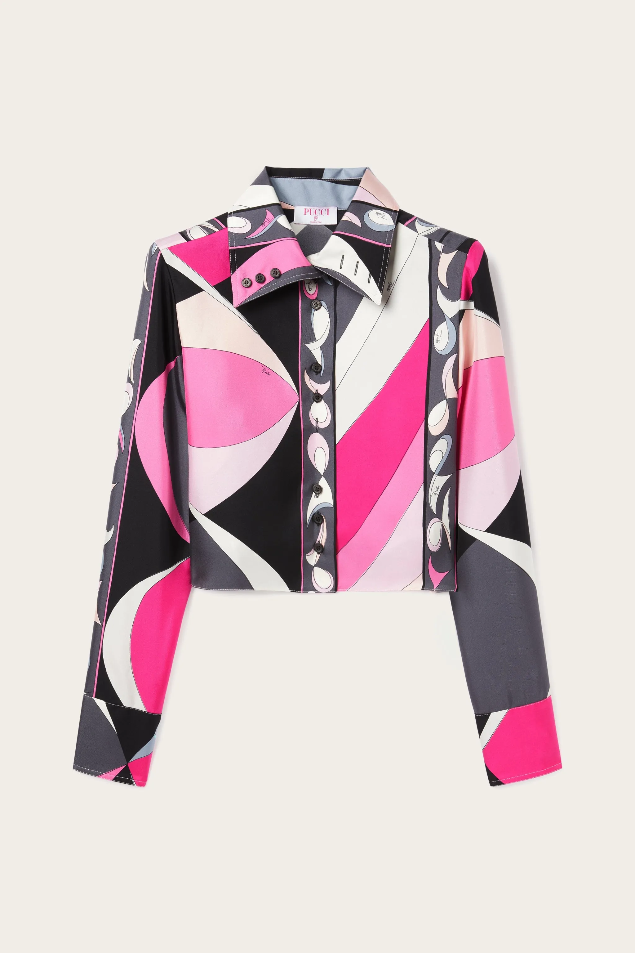 Trendsetting Design Layered Collar Pesci Print Cropped Silk Shirt