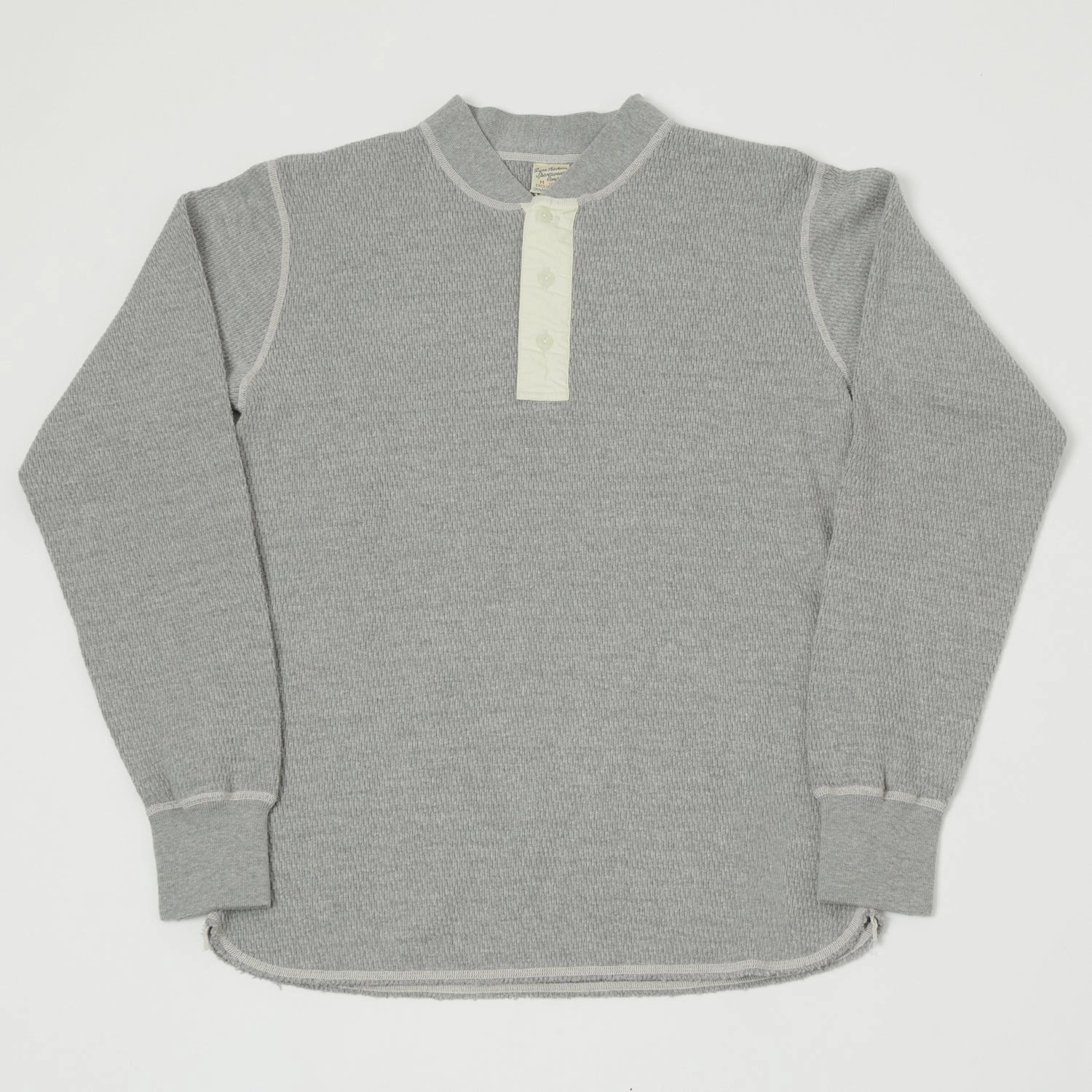 print design Effortless Comfort Buzz Rickson's Long Sleeve Thermal Henley - Heather Grey