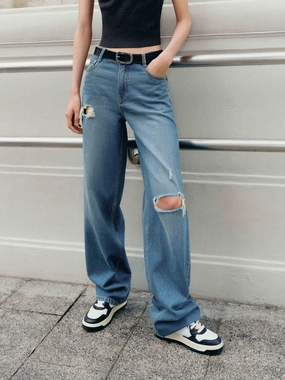 Ripped Straight Cotton Jeans Comfy Classic High Quality Recycled Fiber Content