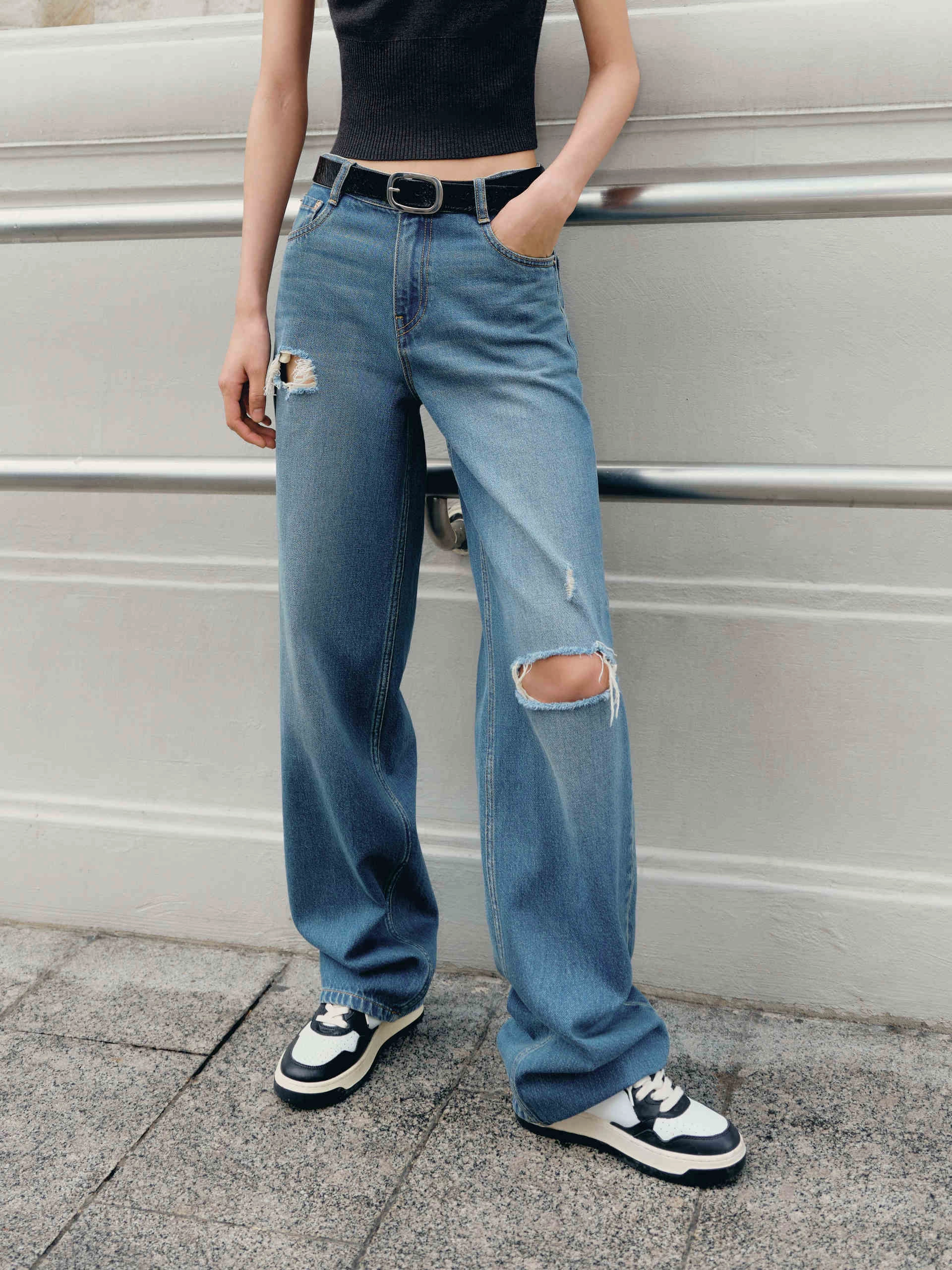 Ripped Straight Cotton Jeans Essential Wardrobe Professional Wear Weekend Warrior