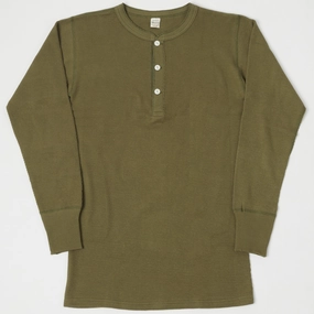 UV Protection Fabric DoubleStitchedHem Warehouse & Co 5904 Waffle Knit Thermal Henley - Olive Drab