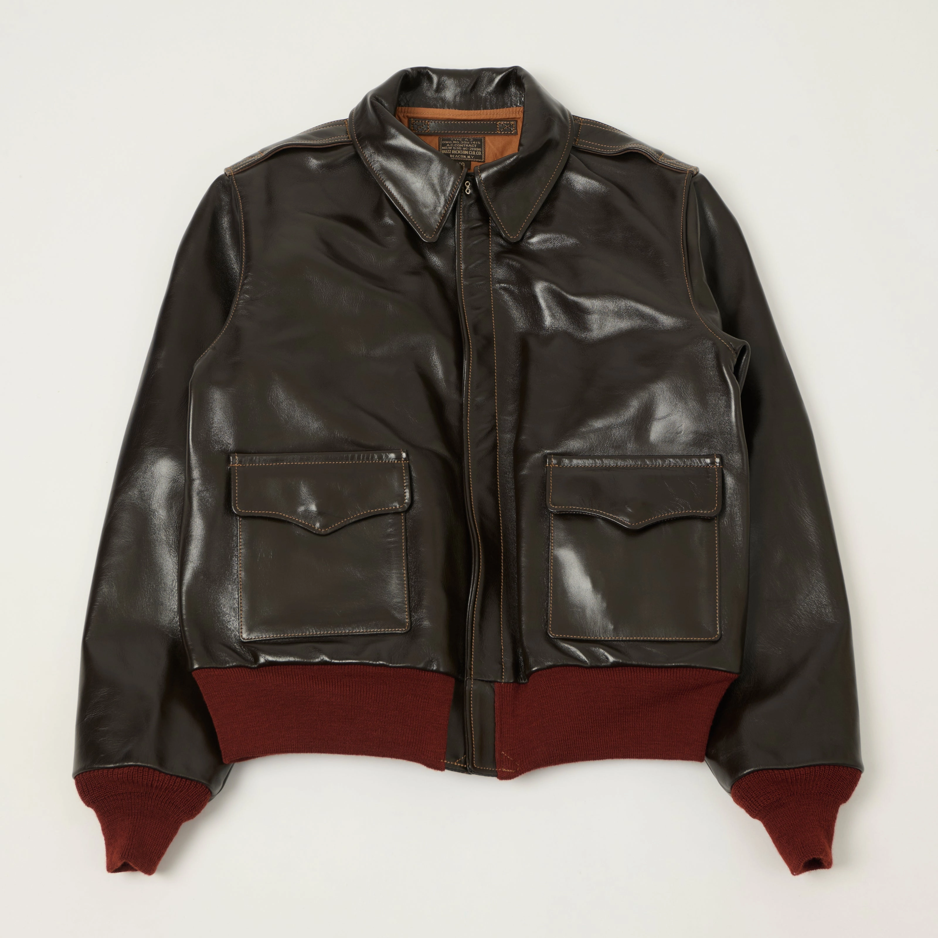 Buzz Rickson's A-2 'A.C.Contract' Leather Flight Jacket - Dark Brown Record Stand Collar
