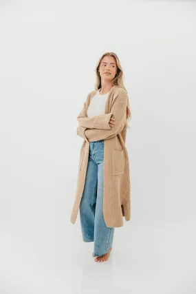 Polished Feel Minimalist Button Placket Rachel Longline Sweater Cardigan in Camel