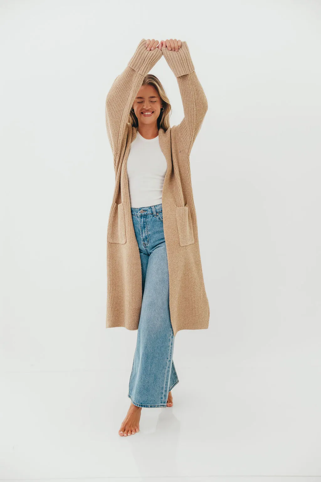 Weight Distribution Tech Rachel Longline Sweater Cardigan in Camel