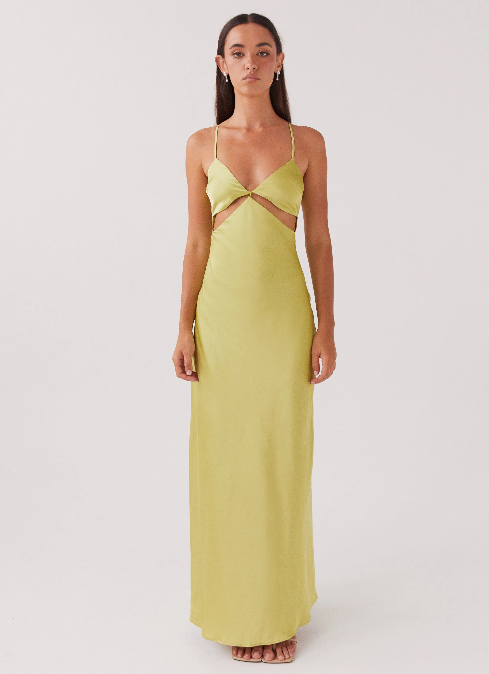 Raylie Cut Out Maxi Dress - Chartreuse Flutter-Sleeve