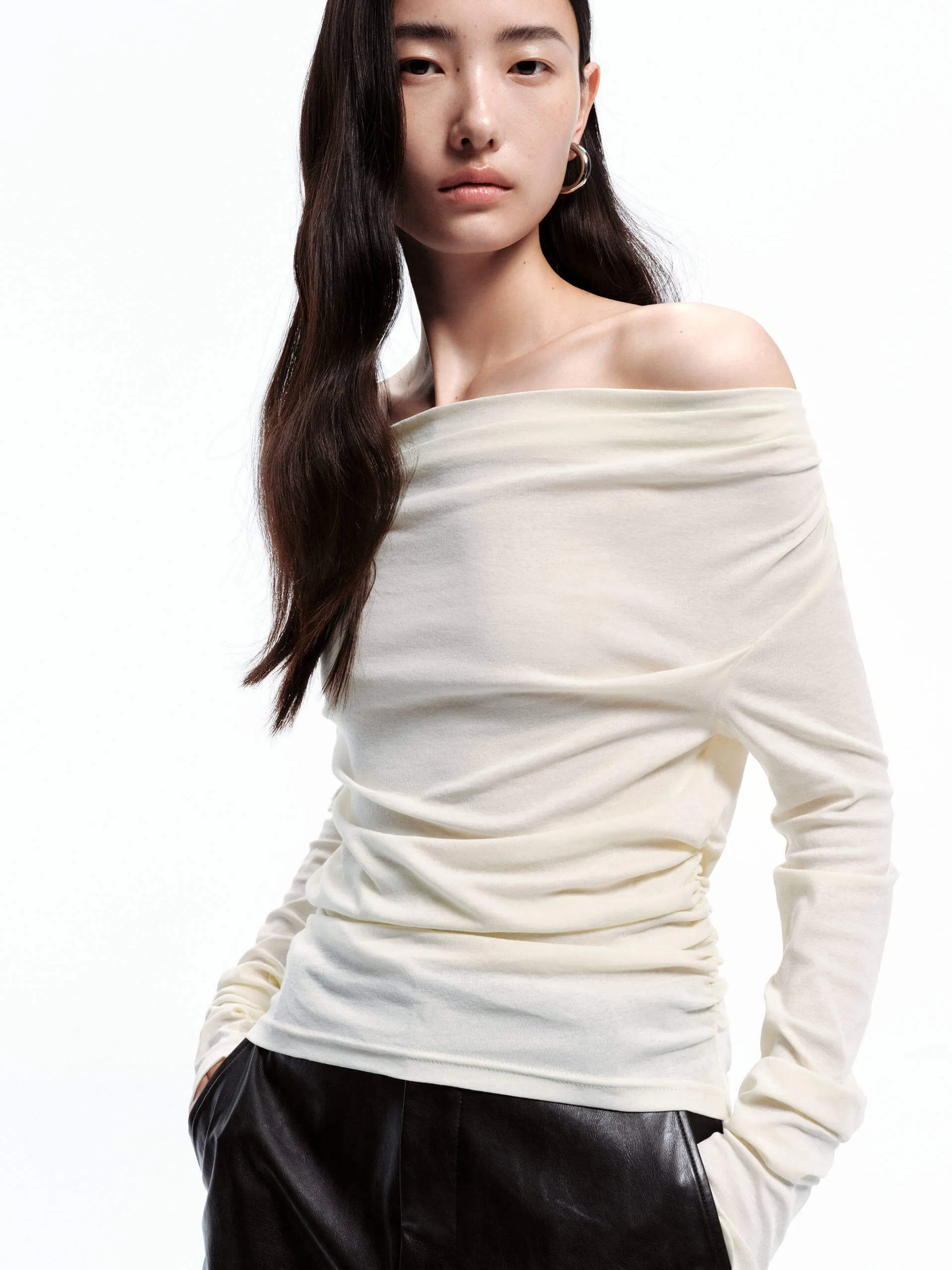 Ventilated Back Long Sleeve Cotton Off Shoulder Top