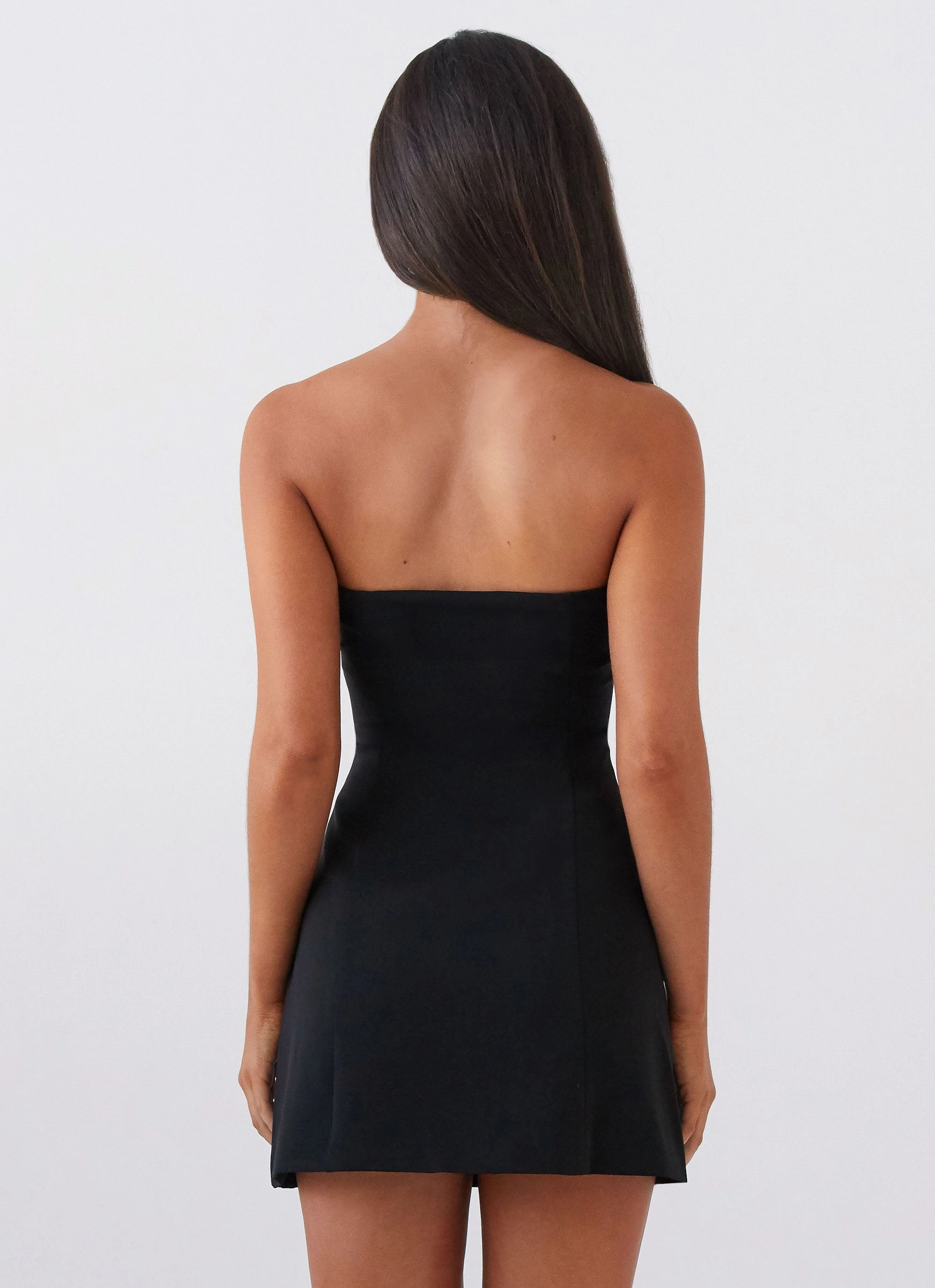 Allora Strapless Mini Dress - Black Airy Drape Daytime Look