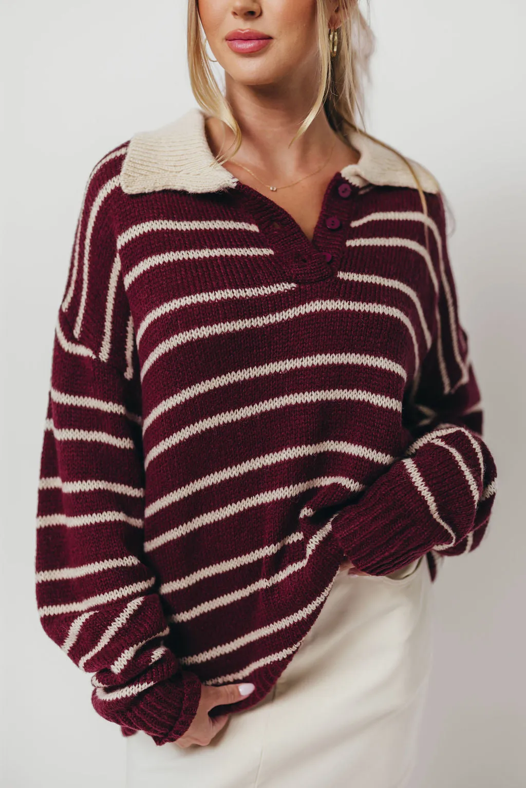 Rochelle Stripe Sweater with Contrast Collar in Burgundy Ventilated Mesh Panel Go-To Look