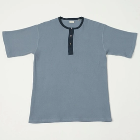 Nanamica Henley Neck Thermal T-Shirt - Blue Gray Lightweight Weave Formal Occasion