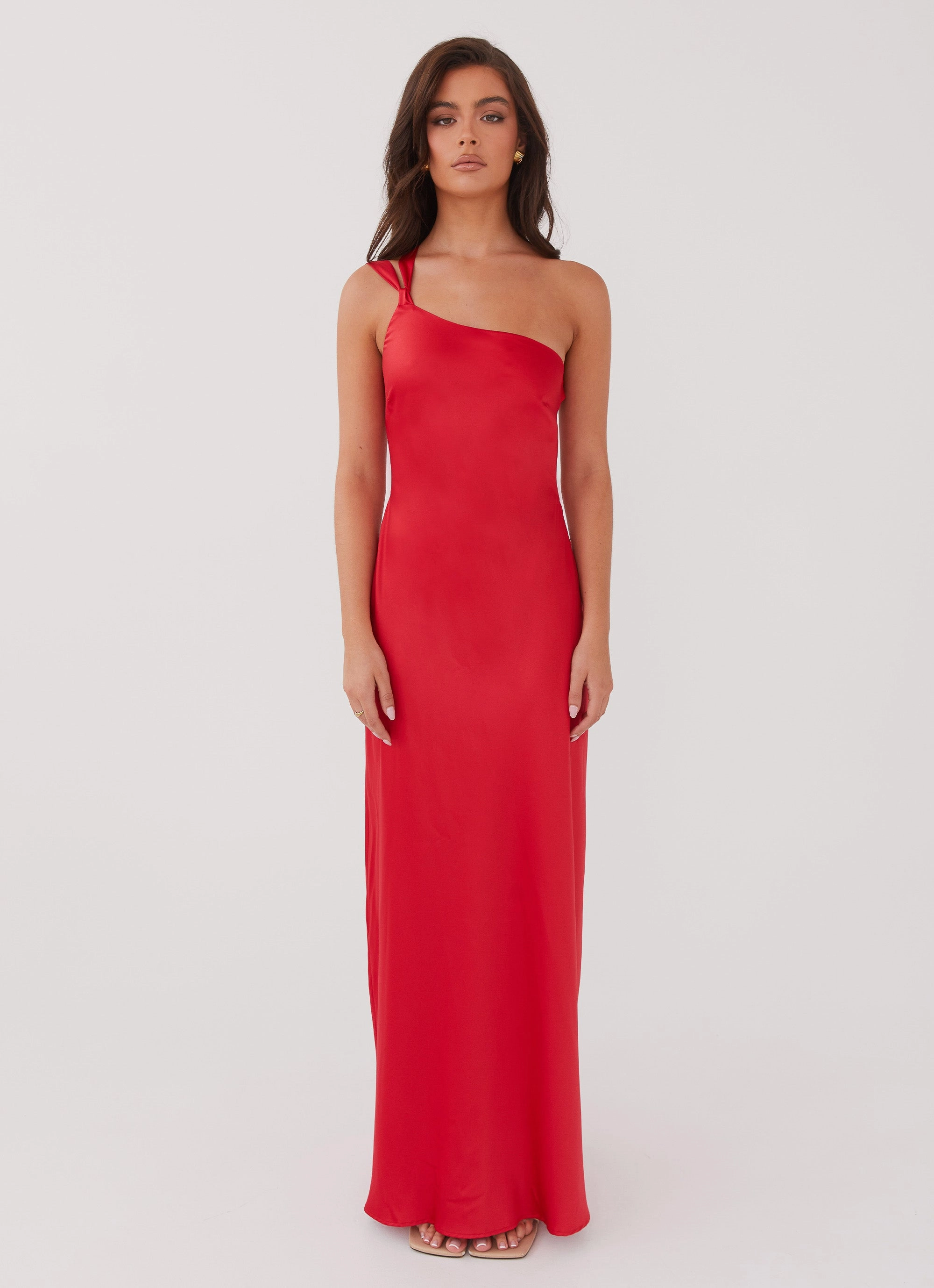 Delancy One Shoulder Maxi Dress - Rouge Red button detail Plus Fit