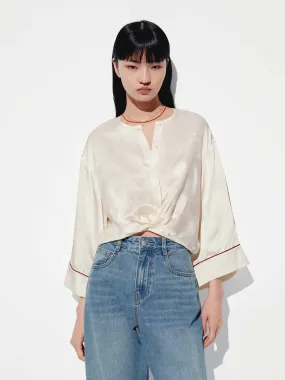 Round Neck Satin Blouse Tall Length Durable Thread Construction