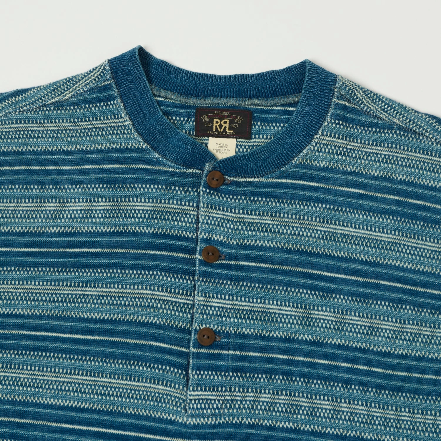 Low carbon footprint Heather Texture Finish RRL Jacquard-Knit Thermal Henley - Indigo Stripe