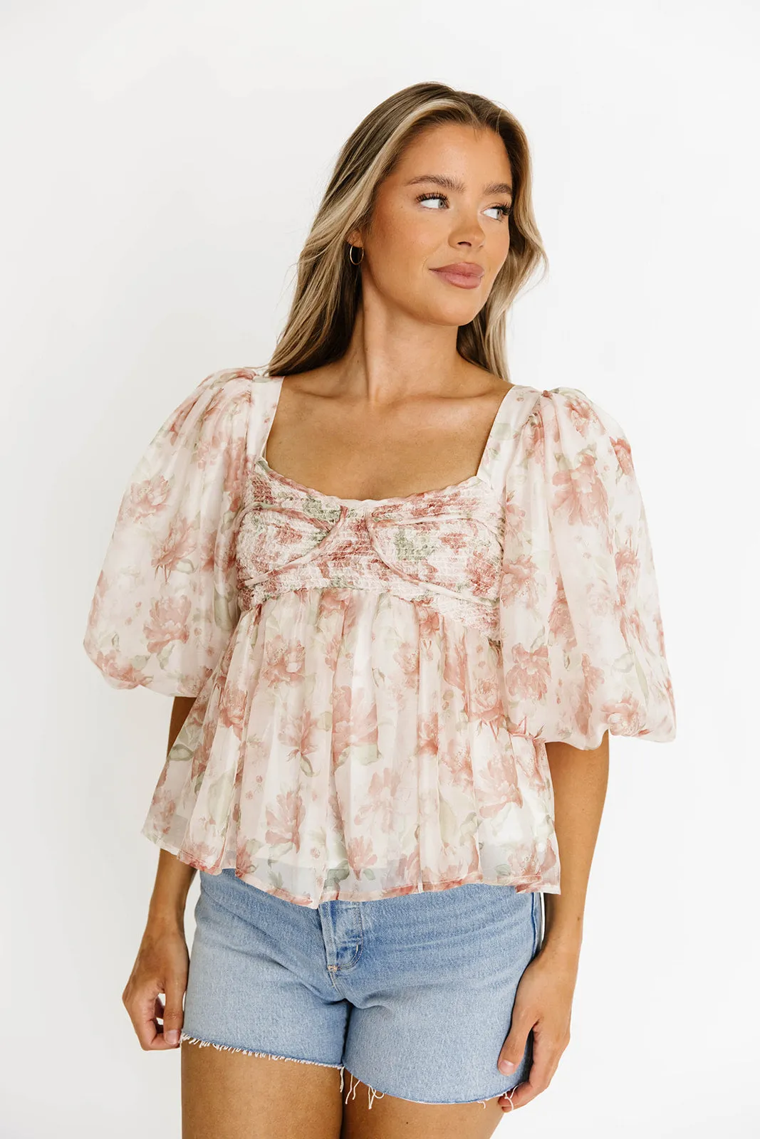 Cozy Interior Fleece Saint Malo Floral Smocked Top in Peach *Final-Sale*