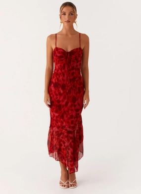 Sally Midi Dress - Deep Red Floral Daywear Comfort Moment Glow