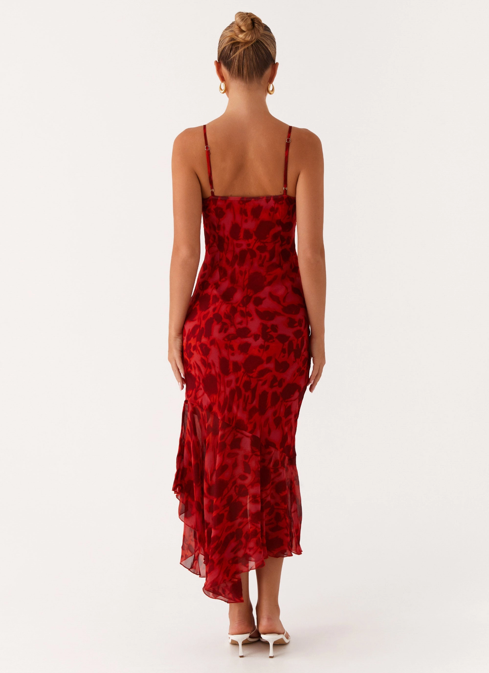 Sally Midi Dress - Deep Red Floral Silky Surface Satin Layers