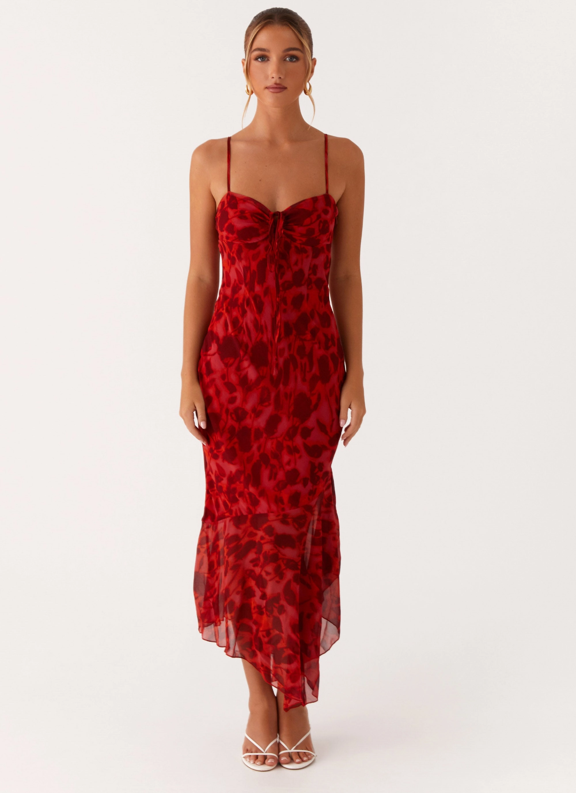 Sally Midi Dress - Deep Red Floral Daywear Comfort Moment Glow