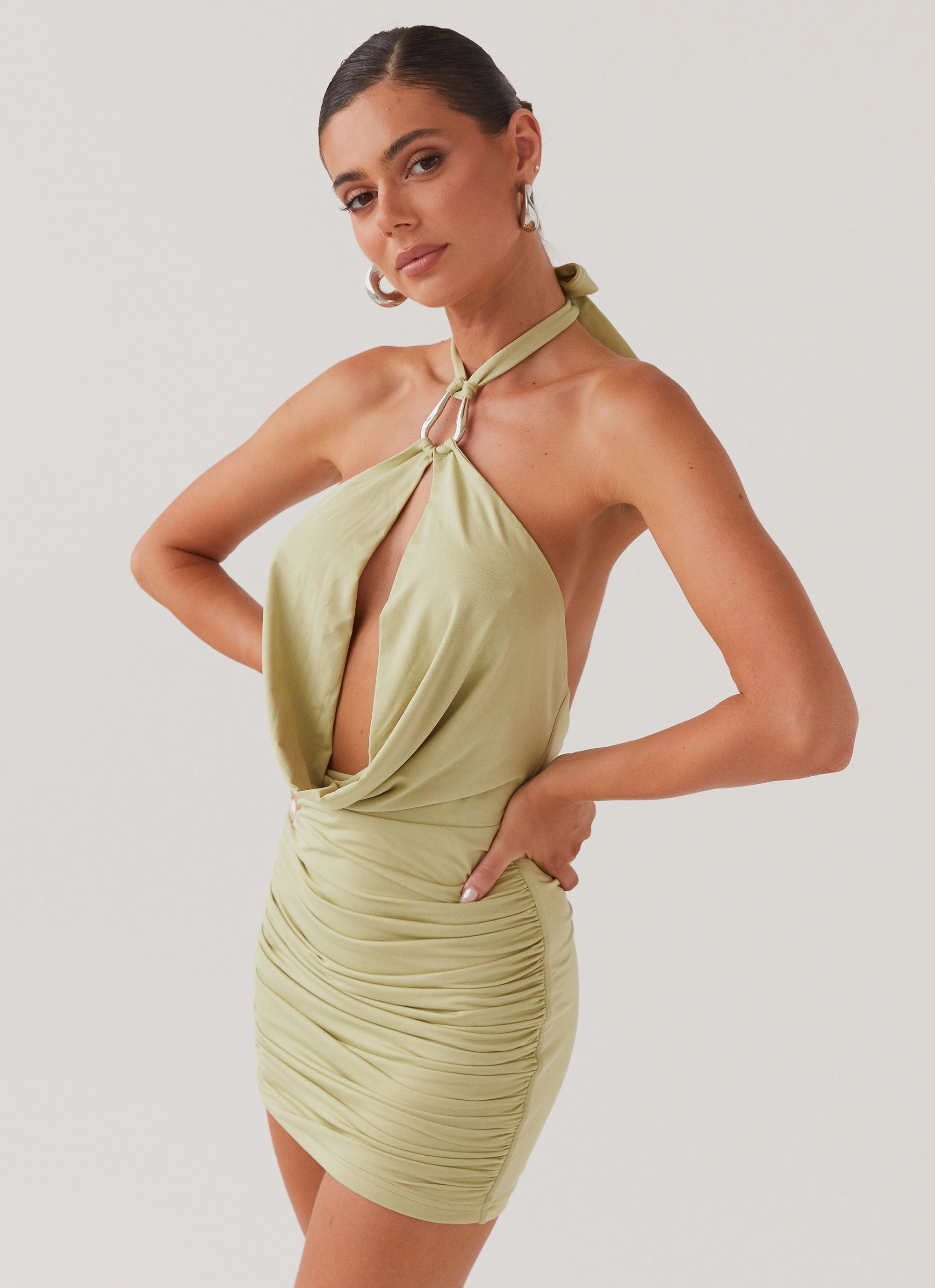 Samara Halterneck Mini Dress - Sage Fashionable Cut Light Weight