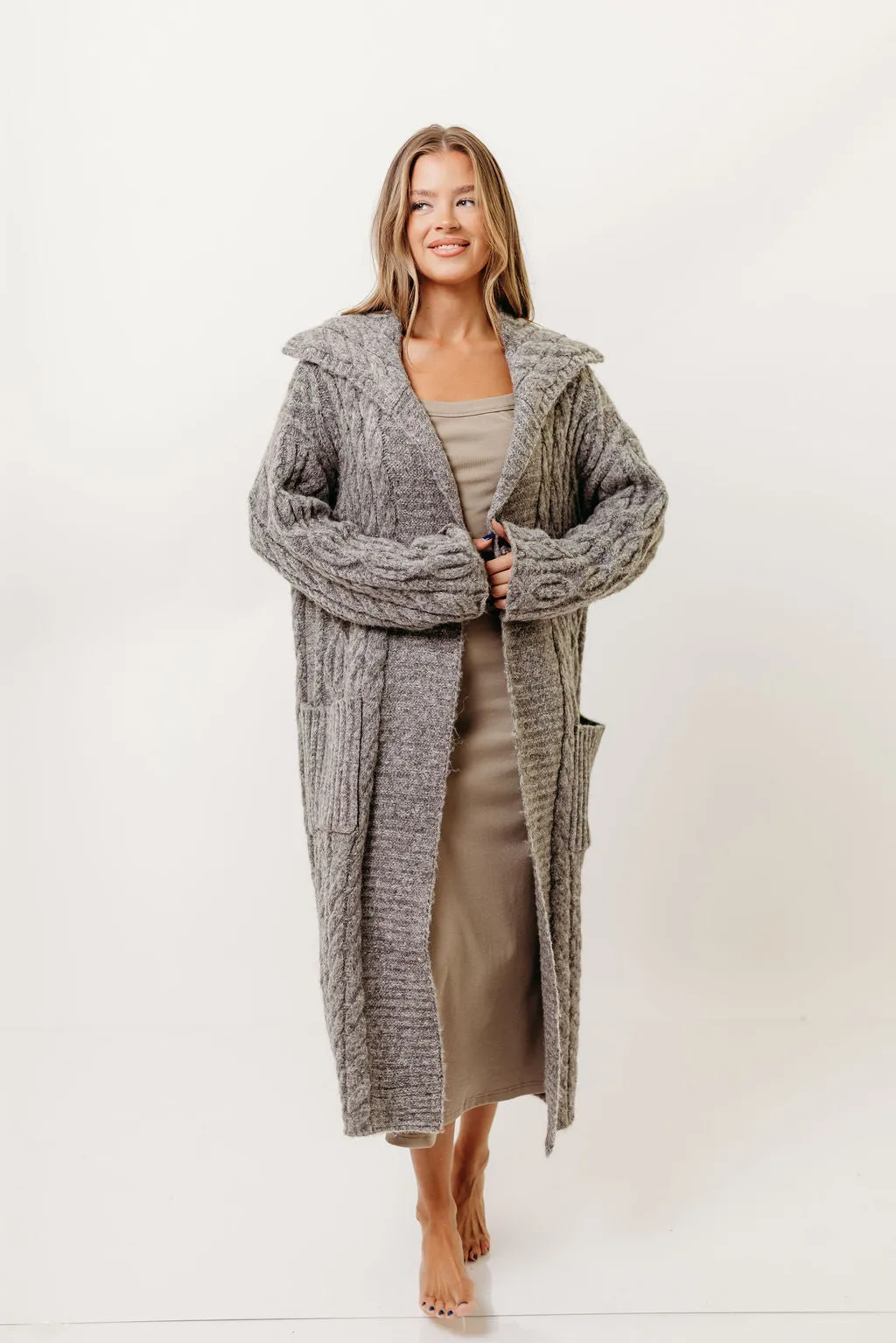 Sandra Cable Knit Cardigan Jacket in Charcoal Morning Chill