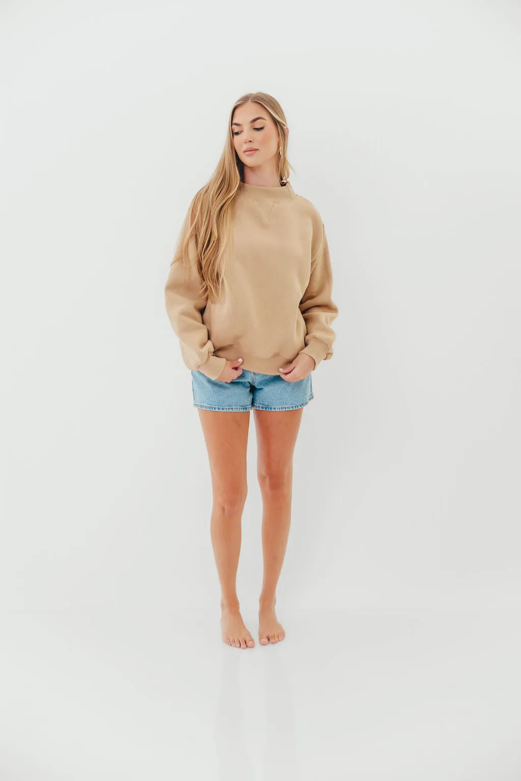 Wrinkle Recovery Fabric Soft Drape Scout Wide Neck Fleece Sweatshirt in Tan