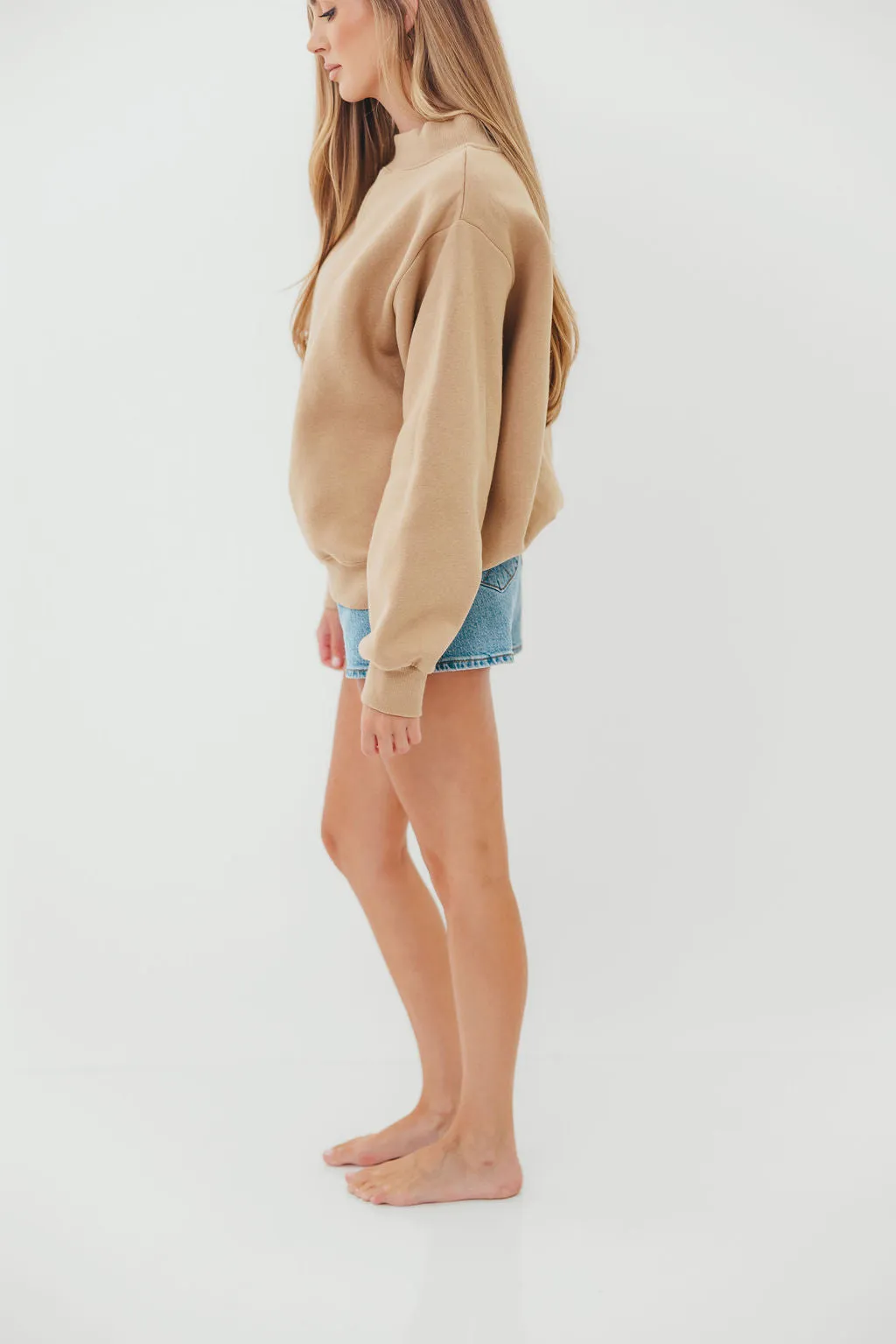 Slub Texture Scout Wide Neck Fleece Sweatshirt in Tan