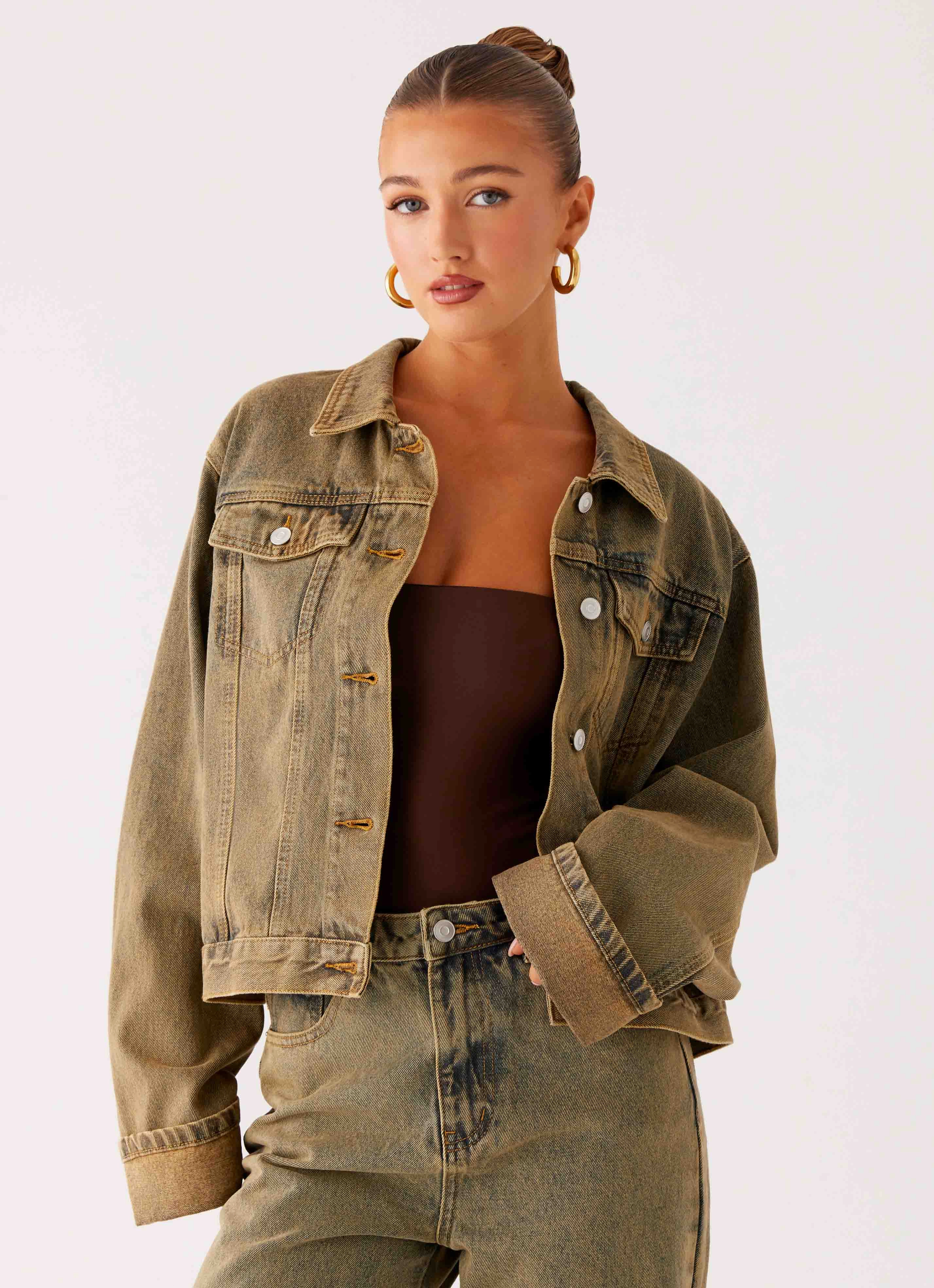 Back Again Oversized Denim Jacket - Brown Sand Wash Cool Simplicity