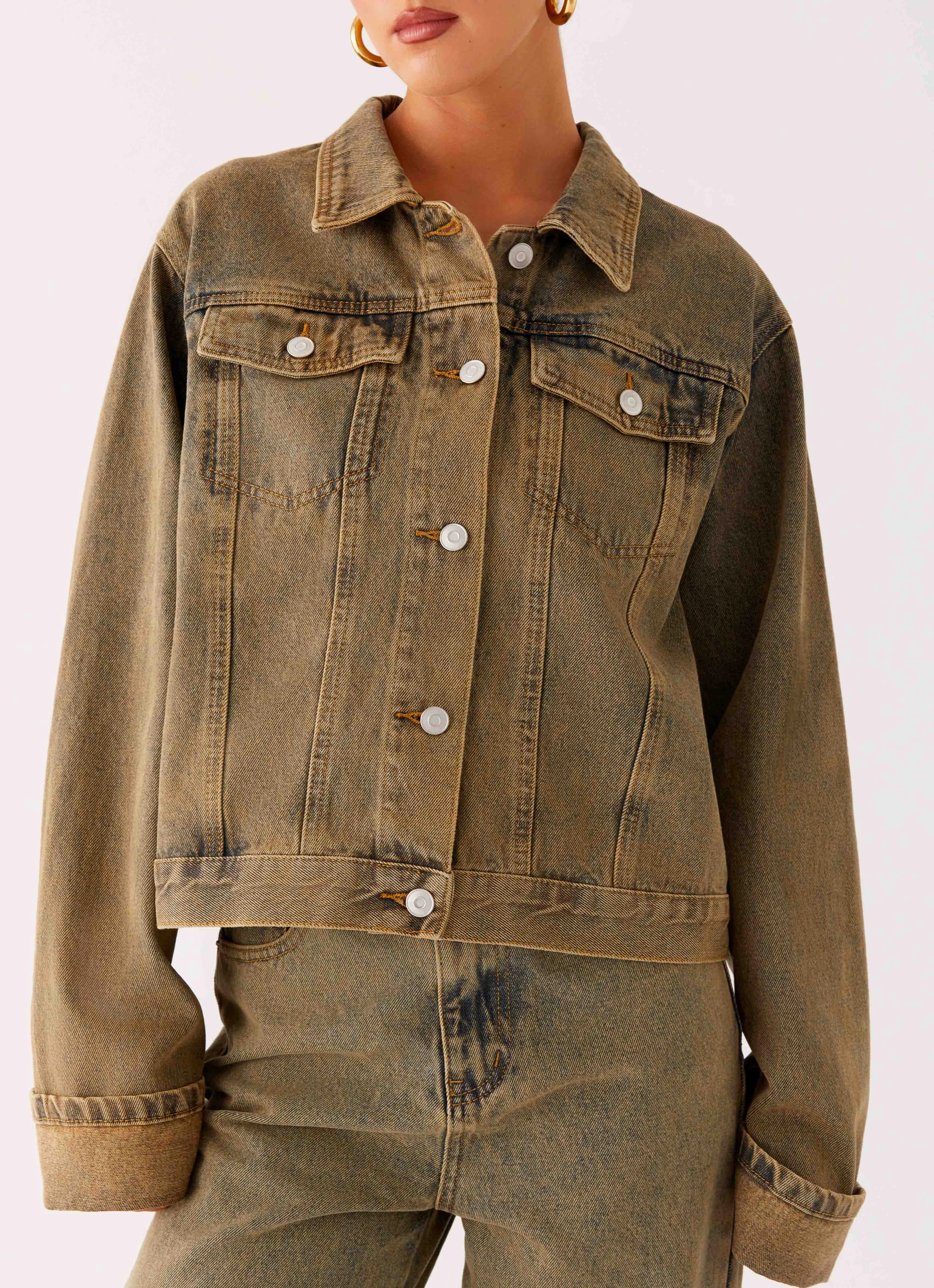 Back Again Oversized Denim Jacket - Brown Sand Wash Calm Energy