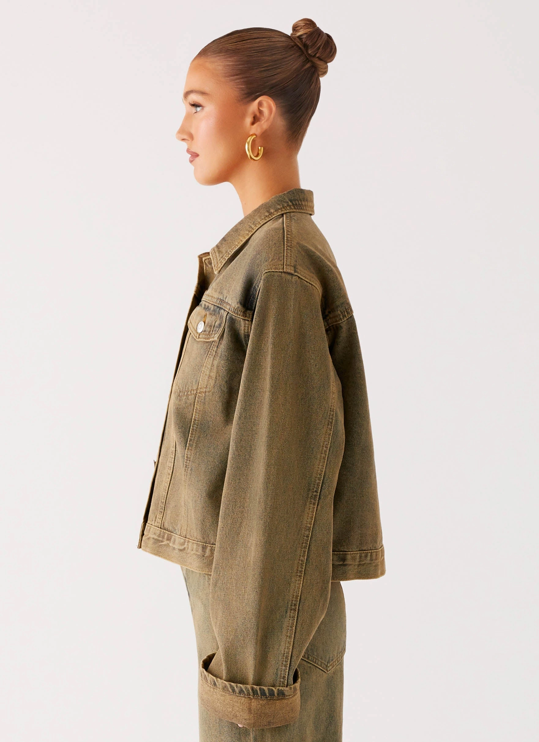 Back Again Oversized Denim Jacket - Brown Sand Wash Fitted Look Cocktail-Party