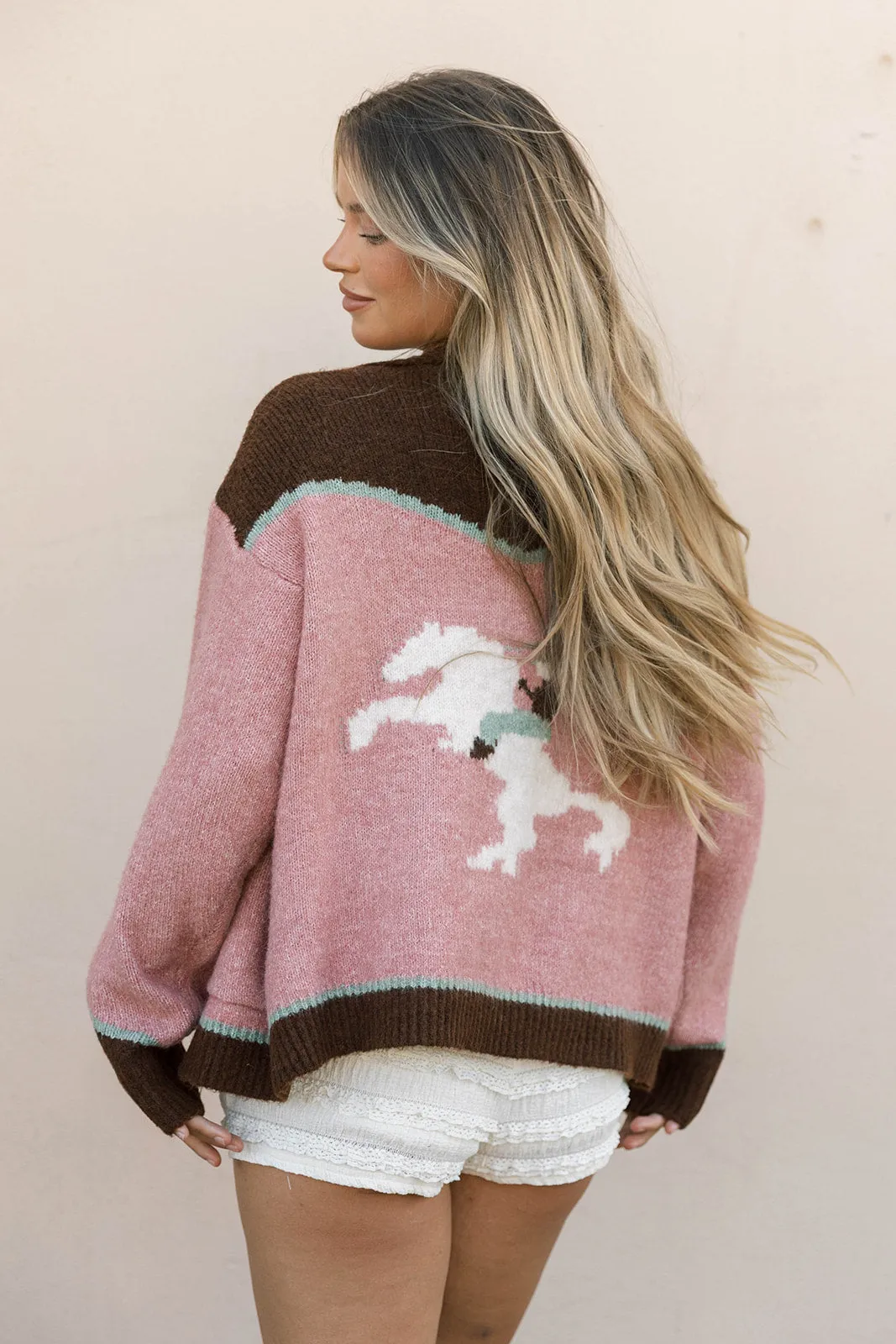 Non Restrictive Charmayne Rodeo Cowboy Knit Sweater in Dusty Pink