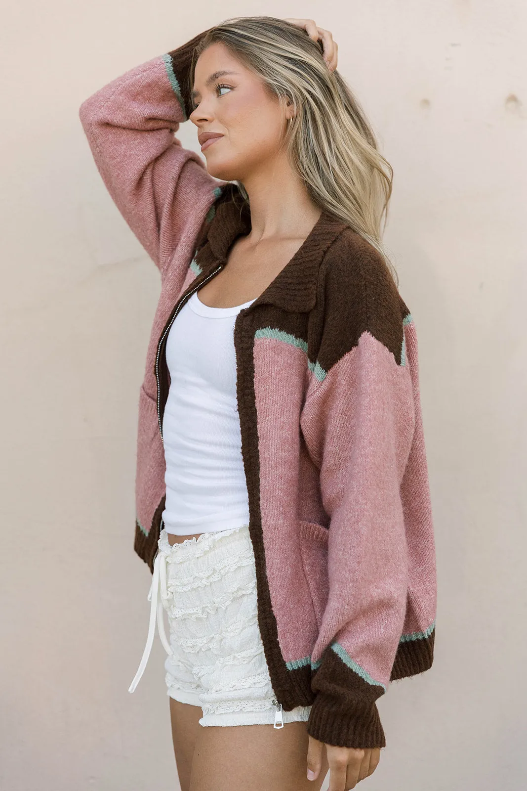 Rolled Cuffs Charmayne Rodeo Cowboy Knit Sweater in Dusty Pink