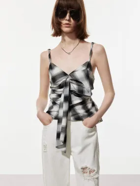 Tie Detail Checkered Top Long Sleeve