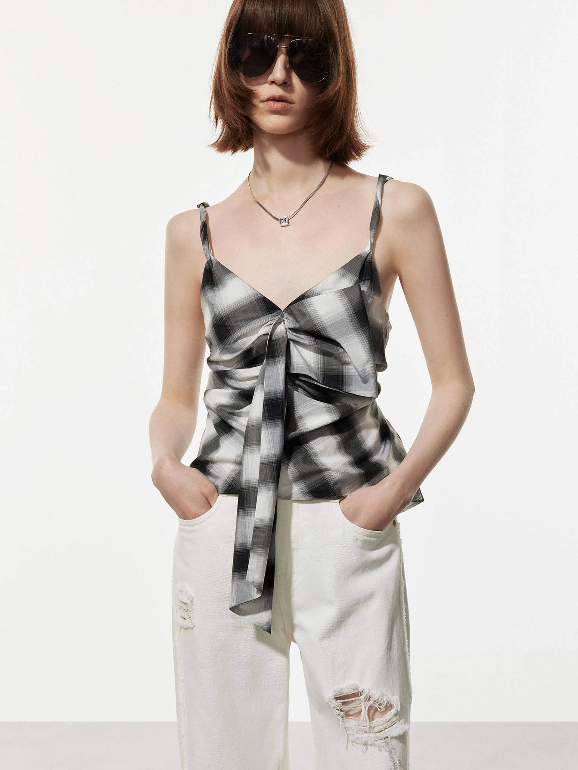 Smooth Zipper Design Sleeveless Cut Tie Detail Checkered Top