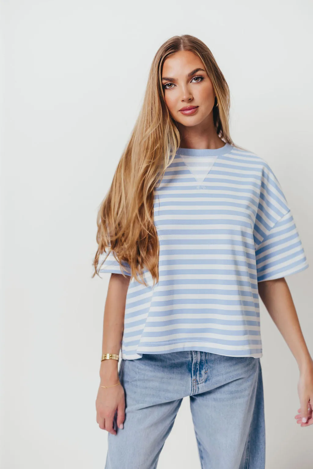 Izzy Striped French Terry Boxy Top in Sky/White Mood Booster Indoor Comfort