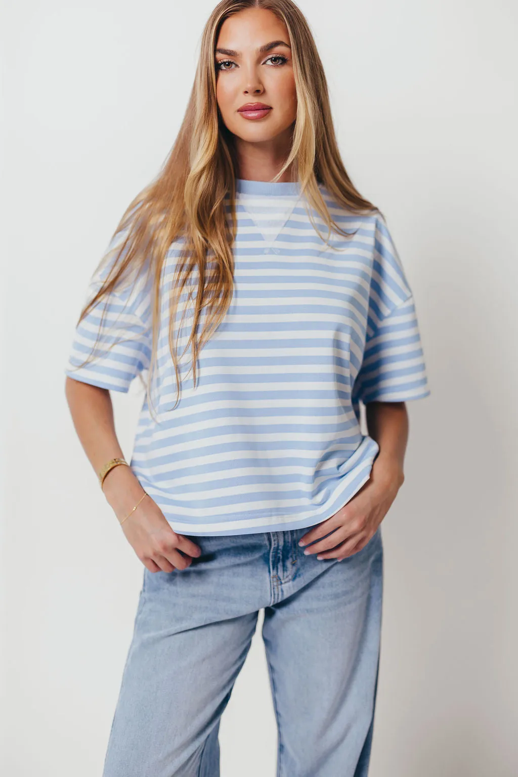 Izzy Striped French Terry Boxy Top in Sky/White Ribbed Hemline