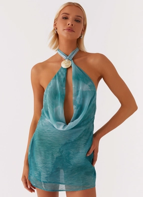 Halter neck Perfect Style Wear Oceans Away Deep Cowl Mini Dress - Green Tie Dye