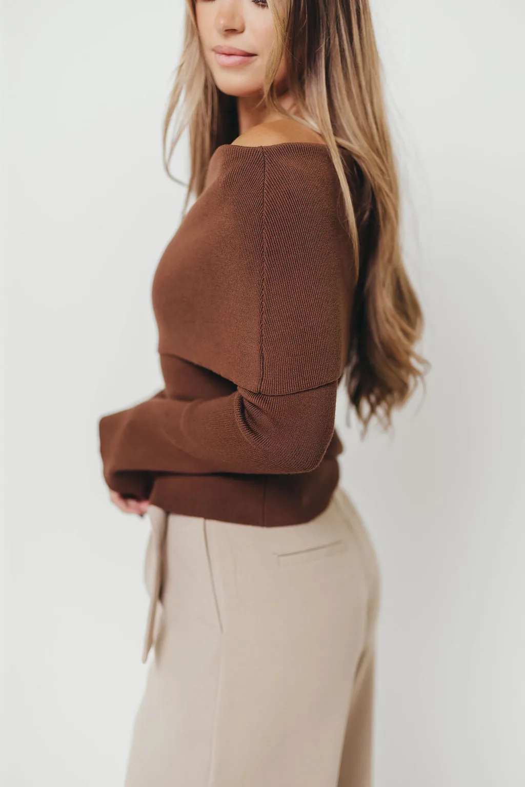 Work Outfit Ana Off-Shoulder Knit Top in Espresso