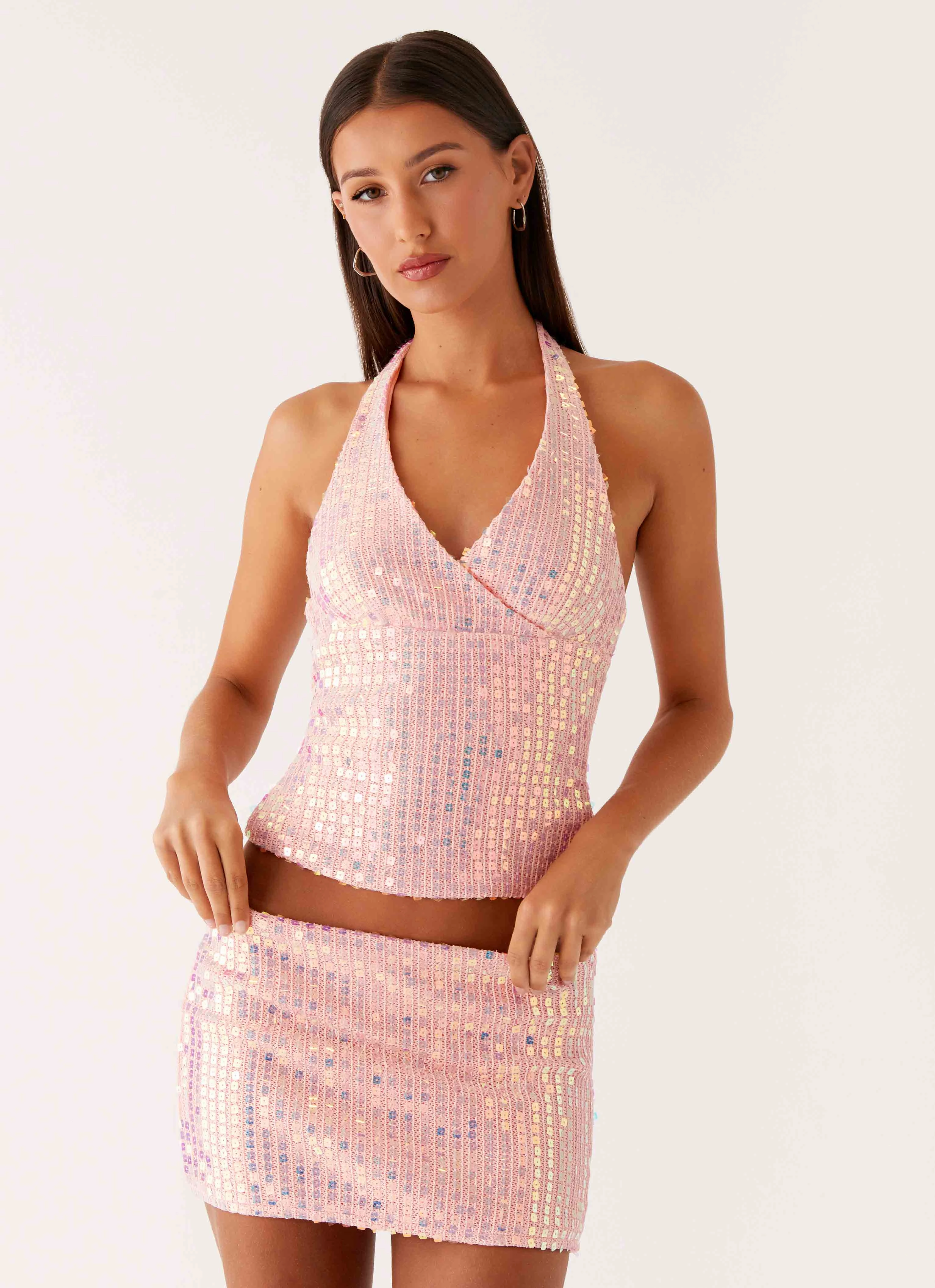 Been That Girl Knit Sequin Mini Skirt - Iridescent Pink Easy to Wear Relaxed Movement