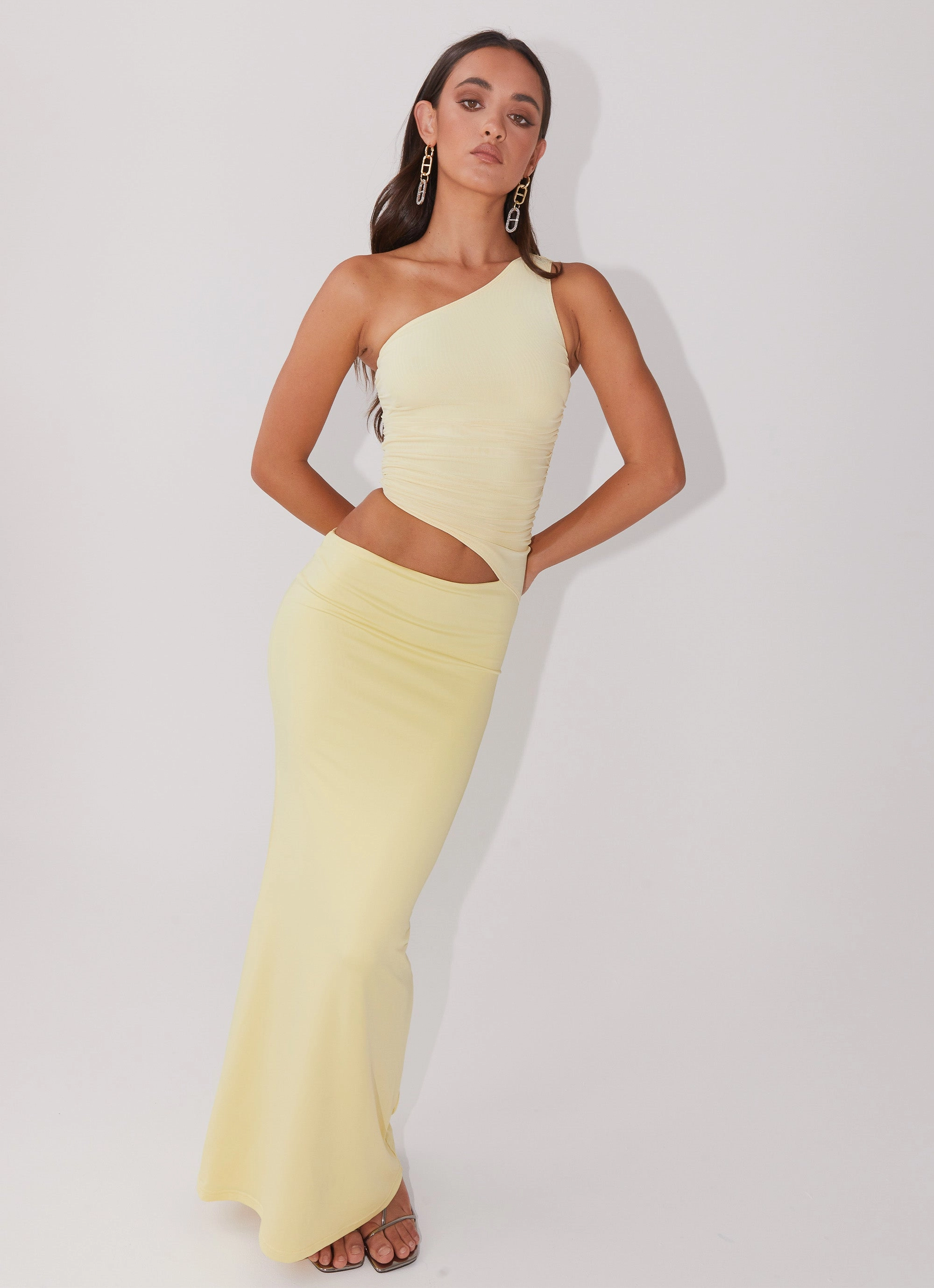 Comfy Fit Holiday-Party Seranella One Shoulder Maxi Dress - Lemon