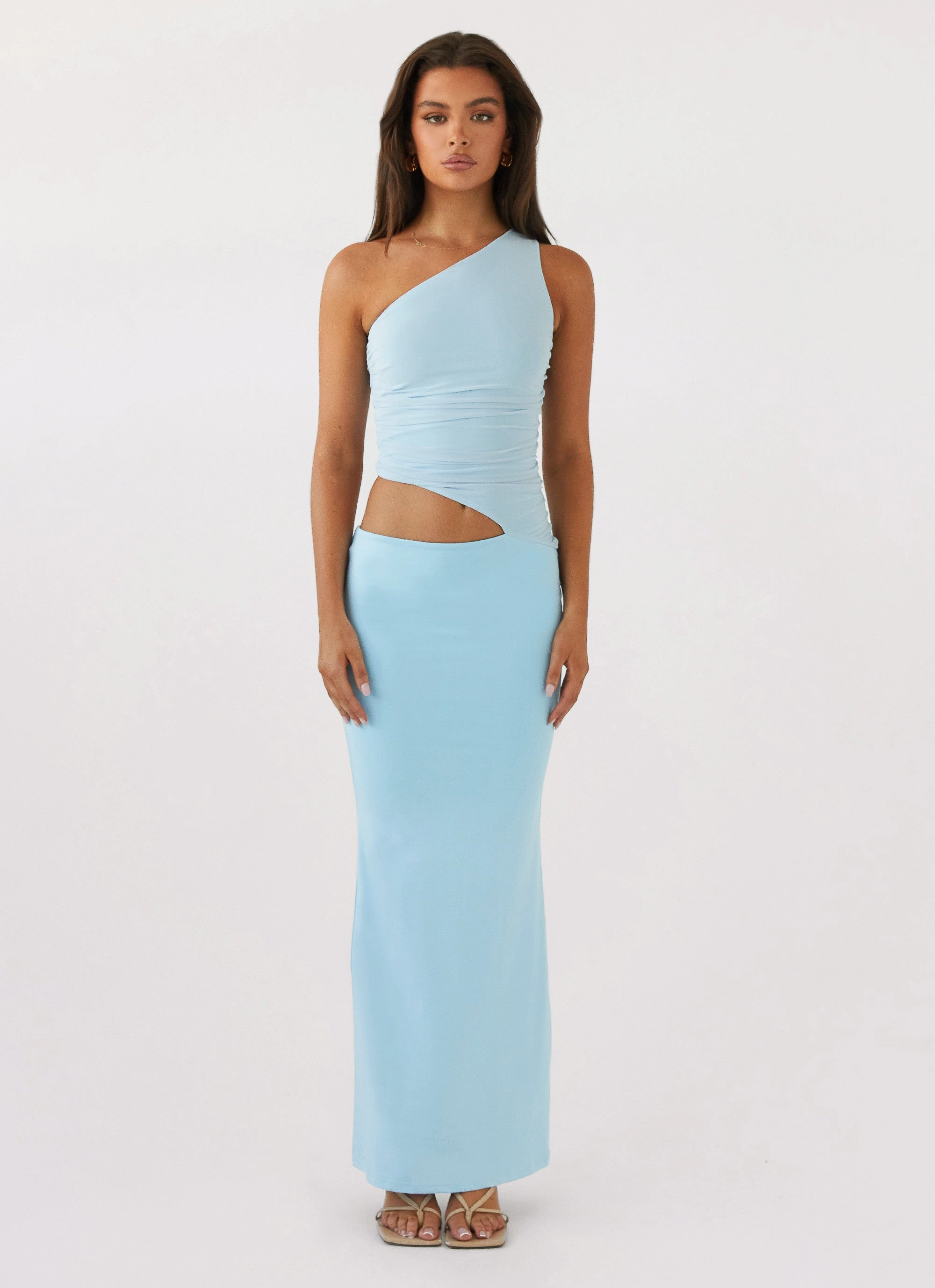 Seranella One Shoulder Maxi Dress - Sky Blue Crystal-Detail Bold Mood