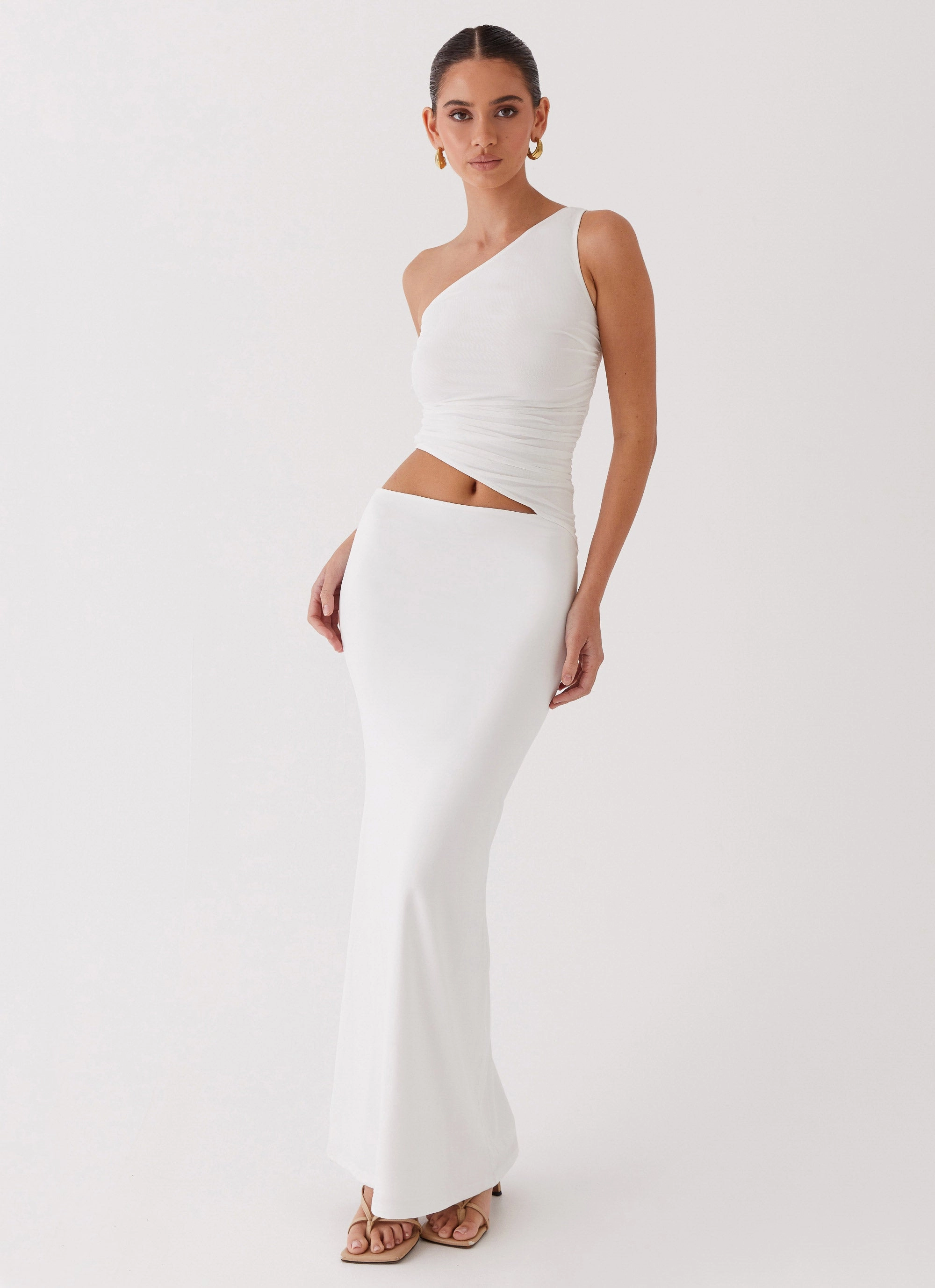 Seranella One Shoulder Maxi Dress - White Pure Color Textured Layers