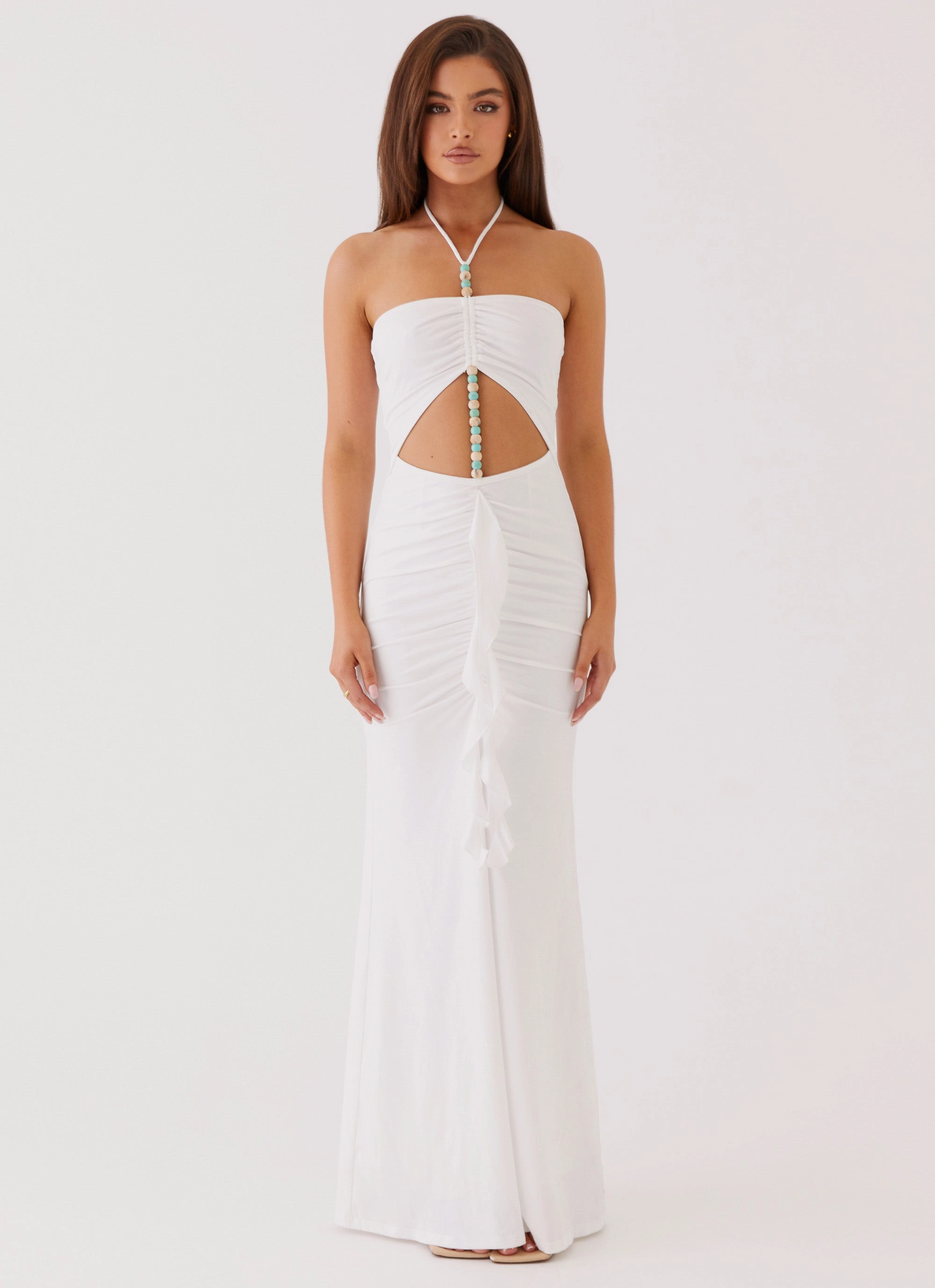 Invisible-Zip Serina Ruffle Maxi Dress - White