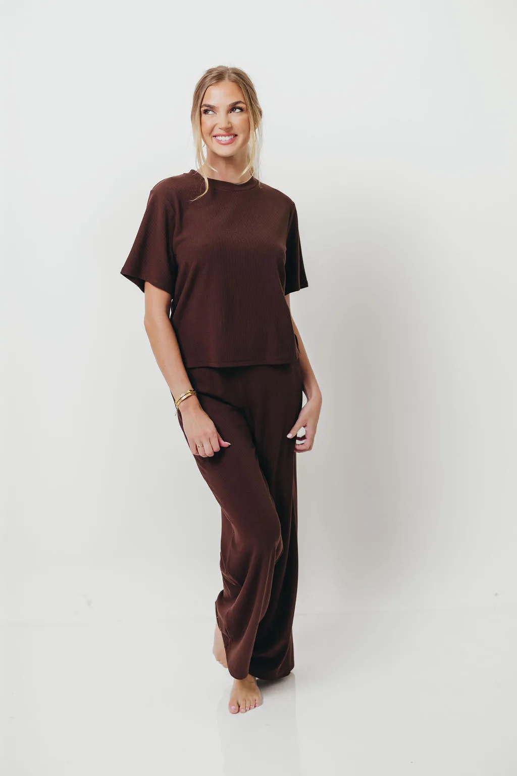Shancie Ribbed Knit Fleece Lounge Set in Chocolate Weekend Style
