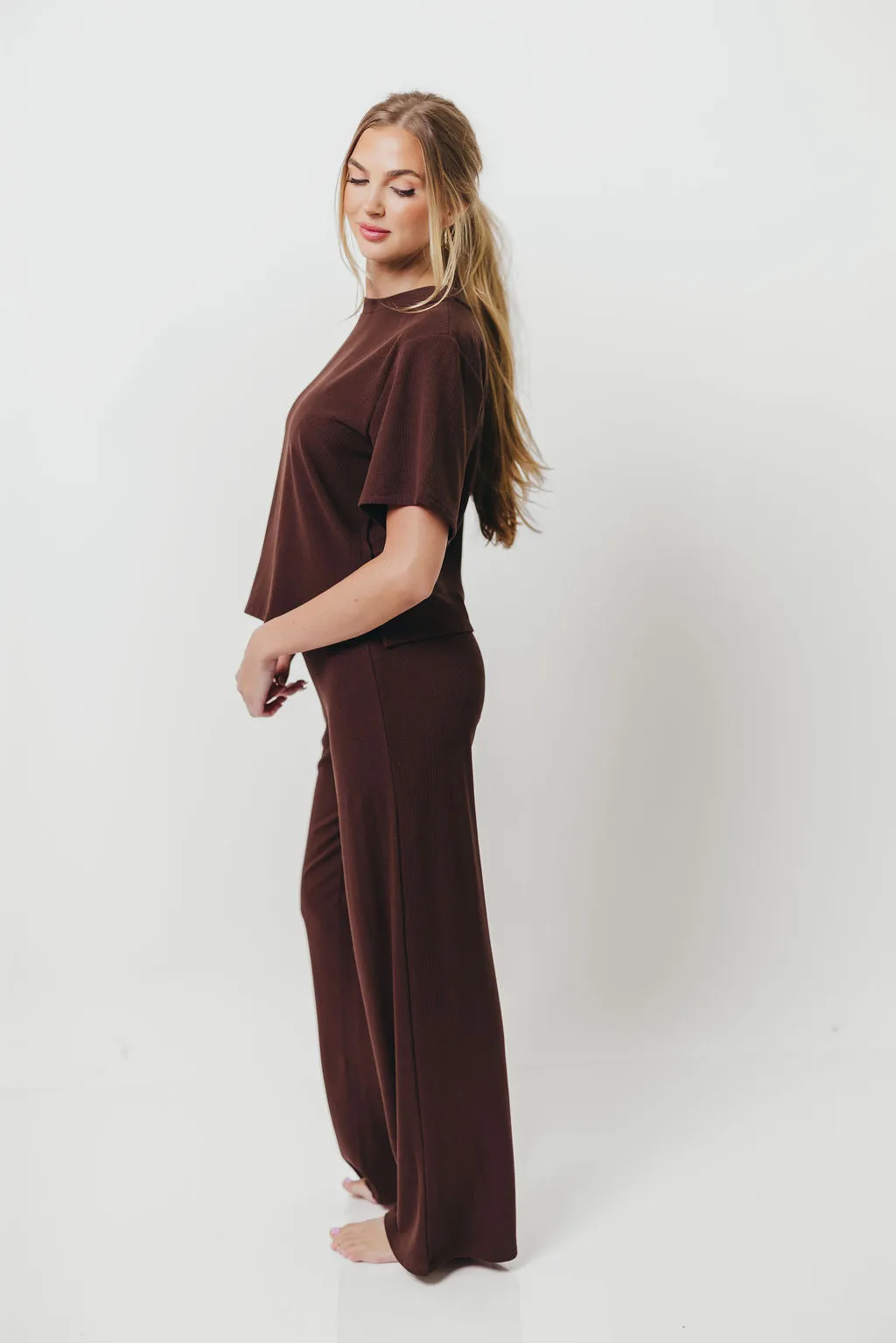 simple design Butter Soft Finishing Shancie Ribbed Knit Fleece Lounge Set in Chocolate