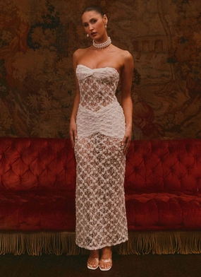 Ottilie Lace Maxi Dress - White Gentle Drape Beaded-Sleeve