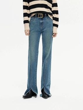 Front Slit Flared Jeans Rugged Construction