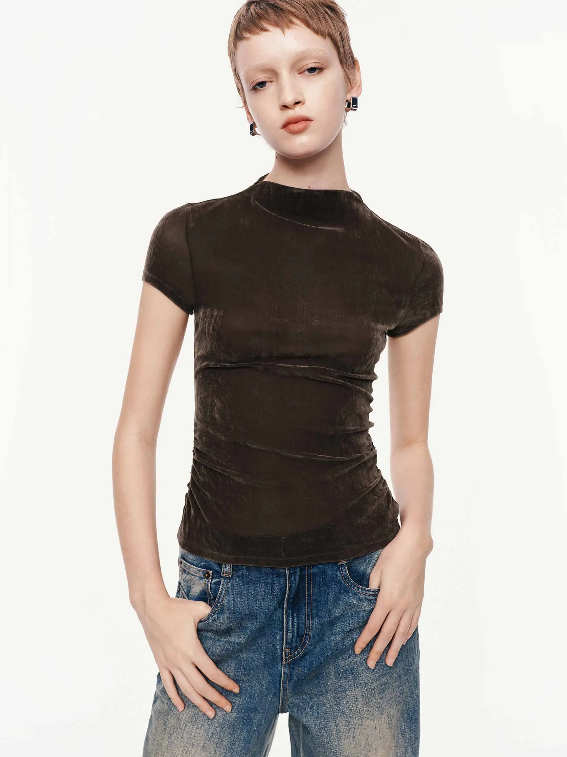 Solid Color Side Pleated Velvet Top