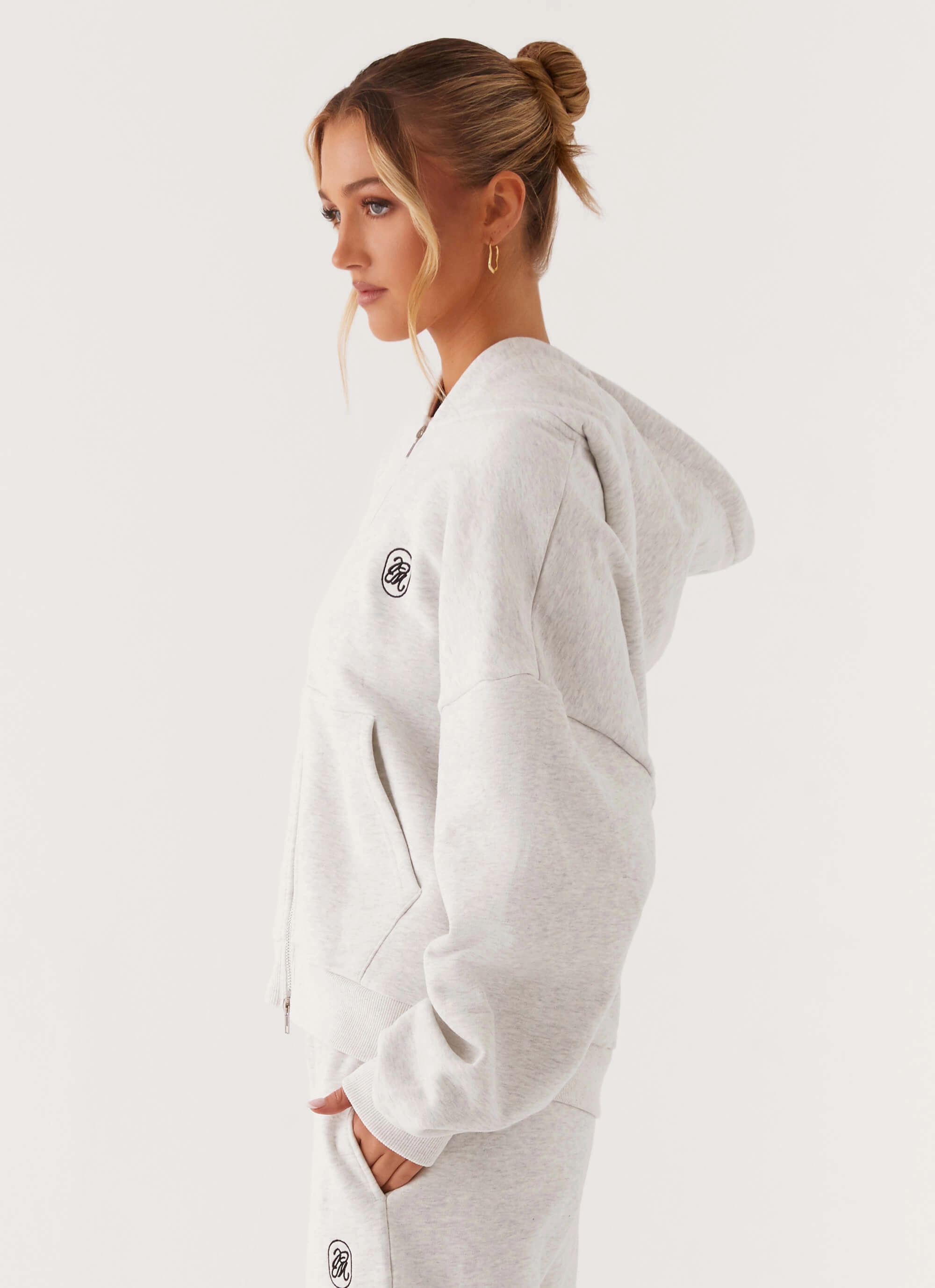 Signature Double Zip Up Hoodie - Grey Cold-Shoulder Fold-Over-Detail